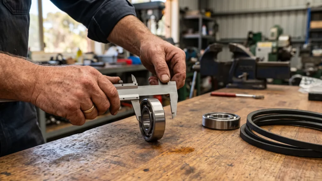 Measuring a bearing across the outside diameter with a vernier caliper on a workshop bench